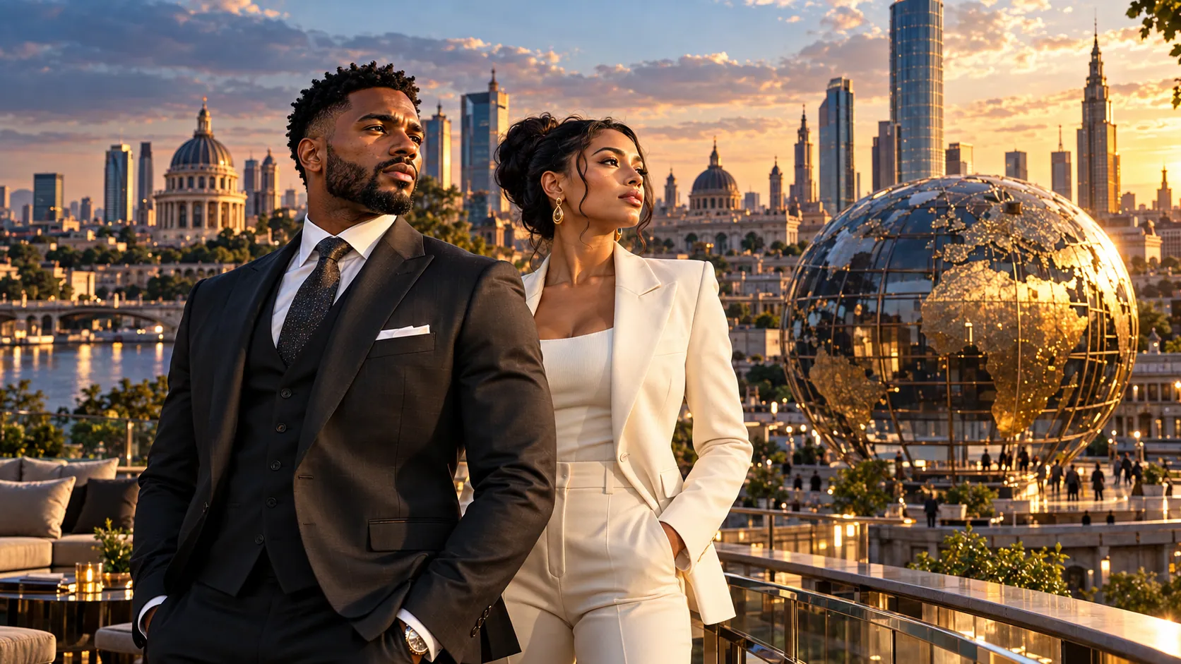 A man and a woman in tailored business clothes stand on a terrace above a city at sunset, beside a large gold globe sculpture.